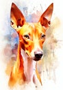 A colorful, digital watercolour painting, showing the portrait of a Cirneco dell Etna dog