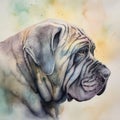 A colorful, digital watercolour painting, showing the portrait of a neapolitan mastiff.