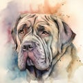 A colorful, digital watercolour painting, showing the portrait of a neapolitan mastiff.