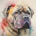 A colorful, digital watercolour painting, showing the portrait of a neapolitan mastiff.