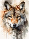 A colorful, digital watercolour painting, showing the portrait of a wolf.