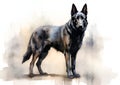 A colorful, digital watercolour painting, showing a standing black colored German Shepherd dog or or Alsatian.