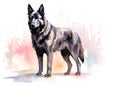 A colorful, digital watercolour painting, showing a standing black colored German Shepherd dog or or Alsatian.