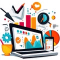 Colorful digital workspace showcasing analytics graphs and tools for effective data visualization and business strategy