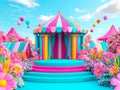 A colorful, digitally rendered circus scene with a pink and blue striped tent on an elevated stage Whimsical background