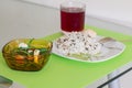 Colorful dinner on glass table.