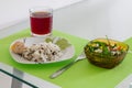 Colorful dinner on glass table.