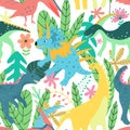 Colorful dinosaurs forest seamless pattern jungle in retro style. Colorful floral wallpaper vector. Wild nature. Summer