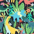 Colorful dinosaurs forest seamless pattern jungle in retro style. Colorful floral wallpaper vector. Wild nature.