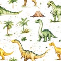 Dinosaurs roam in a vibrant prehistoric landscape featuring lush greenery and volcanic motifs. Generative AI Royalty Free Stock Photo