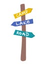 Colorful direction signpost with words Camp, Lake, Road. Wooden guidepost with arrow signs pointing to various Royalty Free Stock Photo