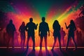 Colorful disco party scene with black silhouettes of people dancing against a vibrant neon-lit background with disco balls and Royalty Free Stock Photo