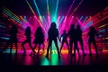 Colorful disco party scene with black silhouettes of people dancing against a vibrant neon-lit background with disco balls and Royalty Free Stock Photo