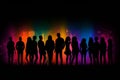 Colorful disco party scene with black silhouettes of people dancing against a vibrant neon-lit background with disco balls and Royalty Free Stock Photo