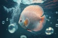 A colorful discus fish swims gracefully in the clear waters of the ocean. Generative AI