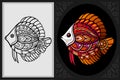 Colorful Discus fish zentangle art with black line sketch isolated on black and white backgroundPrint