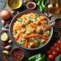 A colorful dish of rice, vegetables and meatballs in a bowl with a blue and orange pattern on a dark background