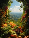 Agricultural Display of Colorful Organic Vegetables and Abundant Fresh Fruits Overlooking a Valley and Mountains. Generative AI