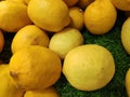 Colorful Display Of Lemons In Market. Ripe yellow lemons, Royalty Free Stock Photo