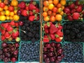 Colorful Display of Organic Cherry Tomatoes & Variety of Fresh Fruits at Farmer`s Market, in Bright Blue Boxes Royalty Free Stock Photo