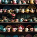 Colorful display of tea cups and saucers with vintage charm (tiled Royalty Free Stock Photo