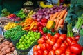 Colorful display of the variety fruits and vegetables on the market stand Royalty Free Stock Photo