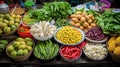 Colorful displays of fresh produce by Thai street vendors.AI Generated