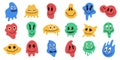 Colorful distorted emoji. Abstract melting faces surreal acid groovy meltdown faces, acid warp face icons. Vector 90s