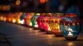 Colorful diwali lamps lit in a row