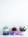 Colorful DIY concrete pot on wooden shelf. Royalty Free Stock Photo