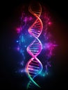 Colorful DNA strand on dark technological background with neon glow effect. Abstract representation of shiny DNA molecule. Science