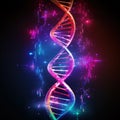 Colorful DNA strand with neon glow effect on dark technological background. Abstract representation of glowing DNA molecule.