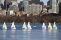 Colorful docked sailboats and Boston Skyline in winter on half frozen Charles River, Massachusetts, USA Royalty Free Stock Photo