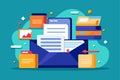Colorful documents and folders are arranged inside a blue envelope against a bright backdrop Files sent Customizable Semi Flat Royalty Free Stock Photo
