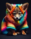 A colorful dog in a rainbow coat