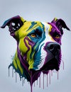 Colorful dog\'s serious face commands attention against the clean white background, exuding an air of determination and focus