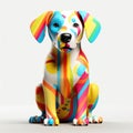 A colorful dog statue sitting on a white surface