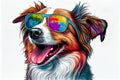 Colorful Dog Wearing Sunglasses Isolated On White Background - Generative AI