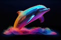 Colorful Dolphin in Neon Lights on a black backgrouns. Generative AI