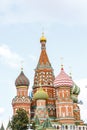 Colorful domes of the Cathedral of Vasily the Blessed commonly known as Saint Basil`s Cathedral at Red Square in Moscow