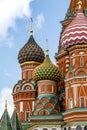 Colorful domes of the Cathedral of Vasily the Blessed commonly known as Saint Basil`s Cathedral at Red Square in Moscow Royalty Free Stock Photo