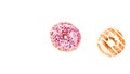 Colorful donut isolated on white.  Sweet icing sugar food with glazed sprinkles, doughnut with frosting. Top view with copy space Royalty Free Stock Photo