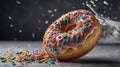 A Sweet Sprinkle Sensation: A Colorful Donut Delight in Motion with Milk Splash on Background Royalty Free Stock Photo