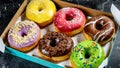 A box filled with lots of colorful donuts box for office brunch. Generative AI