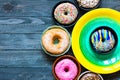 Colorful Donuts breakfast composition with different color styles Royalty Free Stock Photo