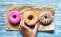 Colorful Donuts breakfast composition with different color styles Royalty Free Stock Photo