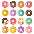 Colorful donuts. Cartoon glazed desserts decorated with chocolate and confectionery. Isolated sweet doughnuts set