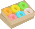 Colorful donuts cartoon set. Box with Doughnuts with pink, green, yellow, orange, chocolate, turquoise icing clipart Raster