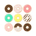 Colorful donuts cartoon set. Doughnuts with sprinkles, pink, chocolate, turquoise icing clipart.