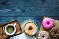 Colorful Donuts and coffee breakfast composition with different color styles